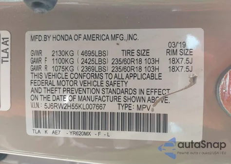 2019 Honda Cr-V Ex z USA, uszkodzony, nr VIN 5J6RW2H55KL007667